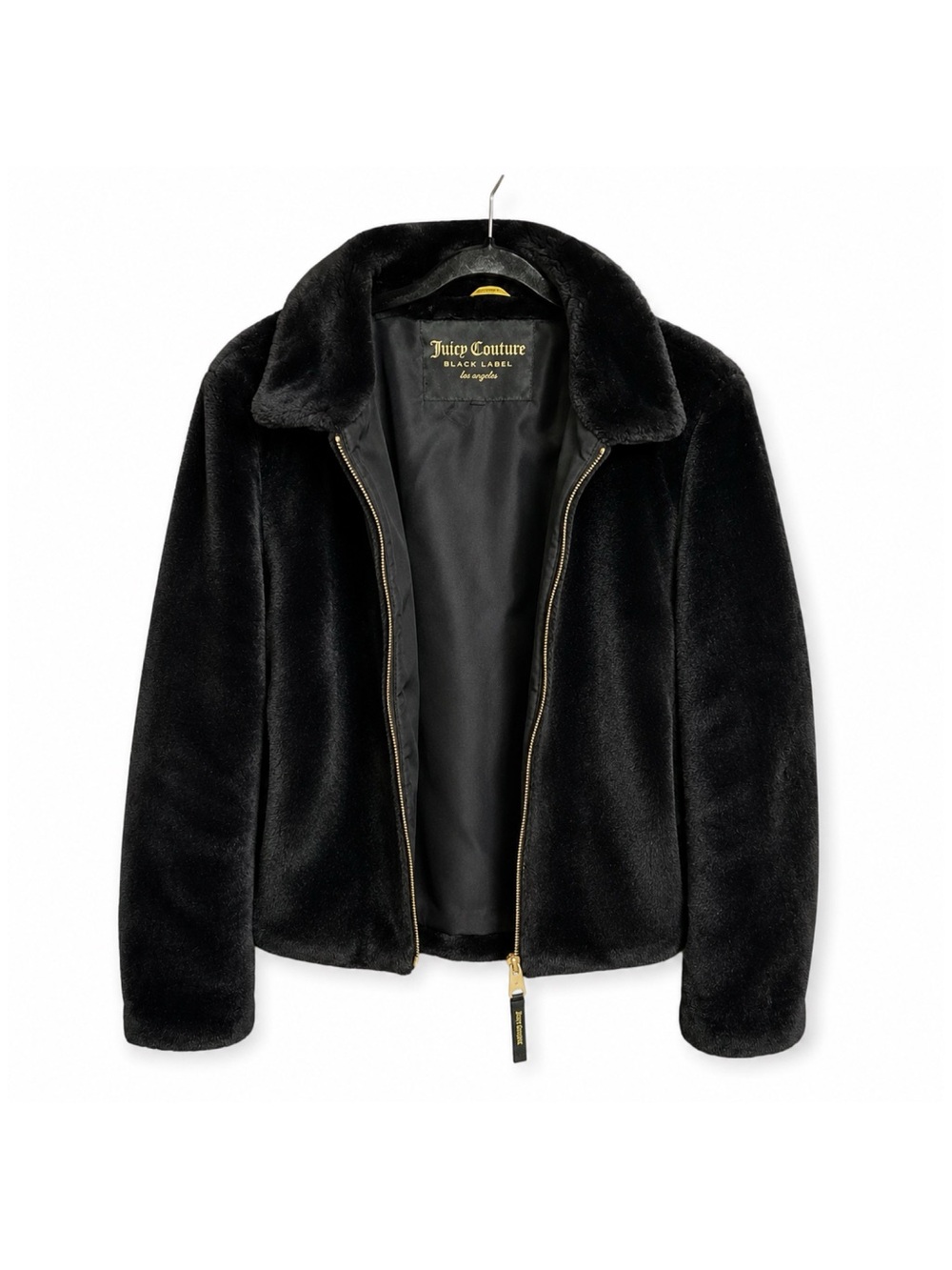 Juicy Couture Black Label Faux Fur Jacket Black Size L Y2K Plush Zip McBling Lux - Picture 2 of 6